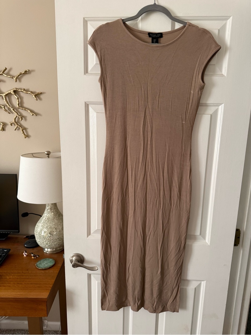 Rachel Zoe Taupe Cap Sleeve Midi Ribbed Dress